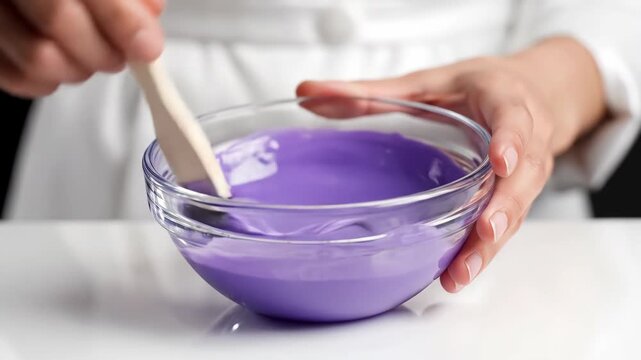 Professional mixing purple hair dye with developer in a glass bowl. Close-up of preparing hair color cream for a beauty treatment. Salon procedure concept