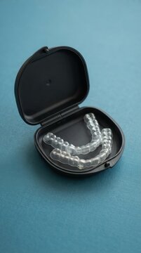 Clear dental aligners in a protective black case