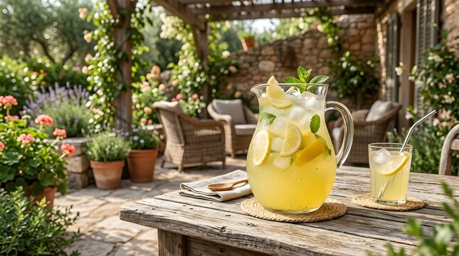 Refreshing pitcher of lemonade with ice, lemon slices, and mint served on a rustic wooden table in a sun-drenched garden patio.