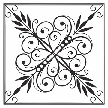 Elegant decorative square element classic floral scrollwork with leaves and dots vintage ornate pattern for frame border design black silhouette vector.