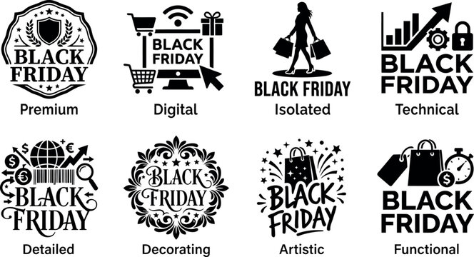 Geometric hexagonal badge showcasing multiple gift boxes and bold Black Friday text for festive discount promotions