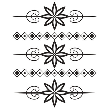 Set of horizontal decorative dividers and floral star ornaments featuring geometric rhomboid patterns and artistic scrollwork elements for professional typography layout and editorial design work.