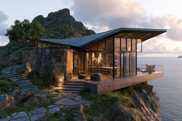 Fototapeta premium Modern minimalist house on rocky cliffside overlooking ocean at sunset