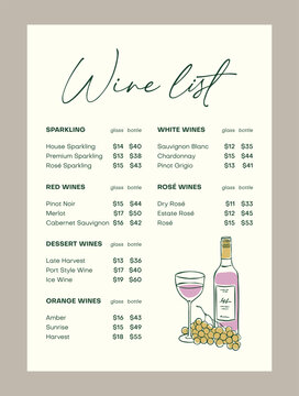 Elegant hand-drawn menu template featuring a whimsical line-art illustration. Modern, minimalist layout suited for bars, restaurants, wedding receptions, and event beverage menus.