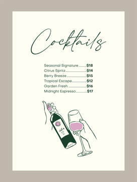Cocktail menu template featuring a hand-drawn illustration of a hand pouring wine into a glass. Modern, minimalist layout suited for bars, restaurants, wedding receptions, and event beverage menus.