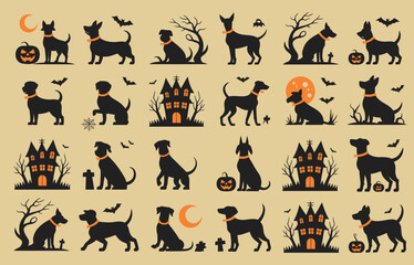 Obraz premium Halloween dog silhouettes with haunted houses, jack-o'-lanterns, bats, and full moons on a beige background