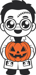 Fototapeta premium Cute cartoon boy dressed as a mad scientist holding a carved orange jack-o'-lantern pumpkin, black and white line with orange accents