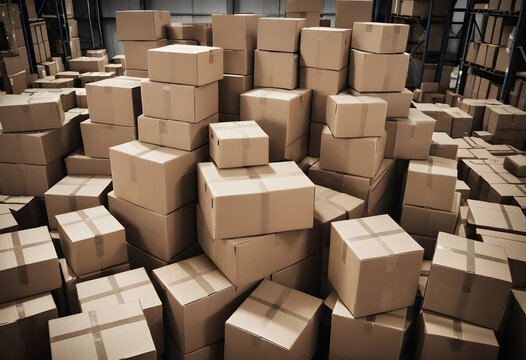 disorganized stack of cardboard boxes in warehouse overstock