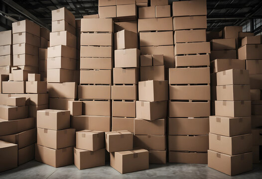 Disorganized stacks of cardboard boxes in warehouse overstock