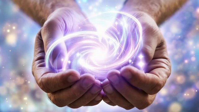 Hands holding a glowing magical energy orb of light in a cosmic nebula background 4k video