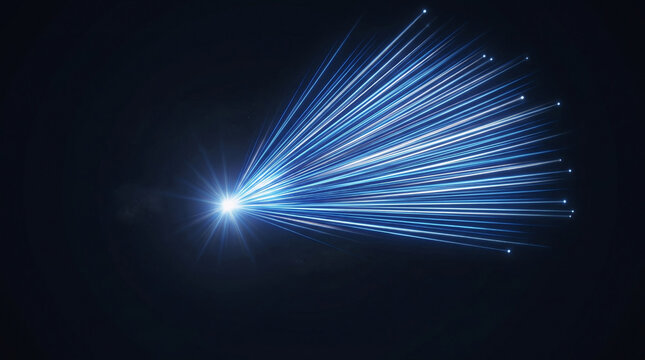Vibrant blue starburst with long, fanned light trails against a dark, cosmic background