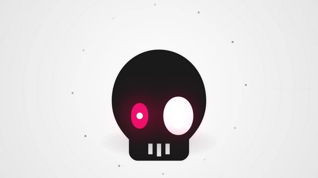 Minimalist black skull icon featuring one glowing red eye and one white eye, centered on a light gray background with subtle concentric circular patterns and floating square particles.