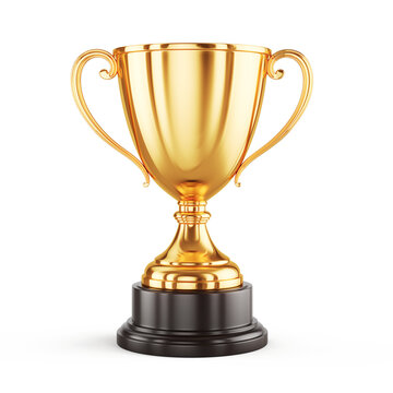 First place gold trophy cup isolated on transparent background. Champion trophy, golden cup, sport award concept