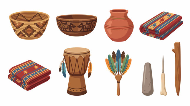 Collection of indigenous cultural heritage objects and traditional tribal artifacts in flat layout