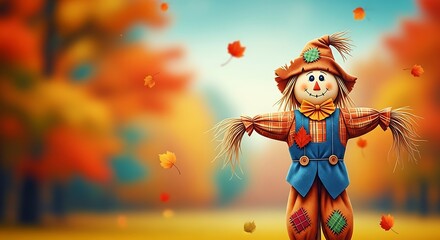 Naklejka premium Charming scarecrow in autumnal orchard with falling leaves
