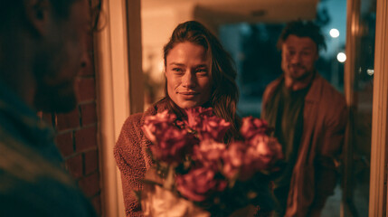 Obraz premium Evening Romantic Flower Presentation: Man Surprises Smiling Woman at Doorstep with Gesture of Love and Happiness