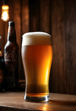 Glass of pale ale beer with foam in cozy indoor setting
