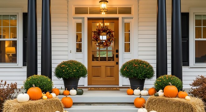 Festive fall porch decor with pumpkins mums and autumn wreath