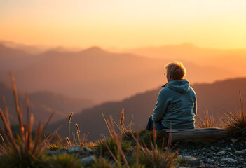 Obraz premium Person sitting on log overlooking mountain landscape at sunset