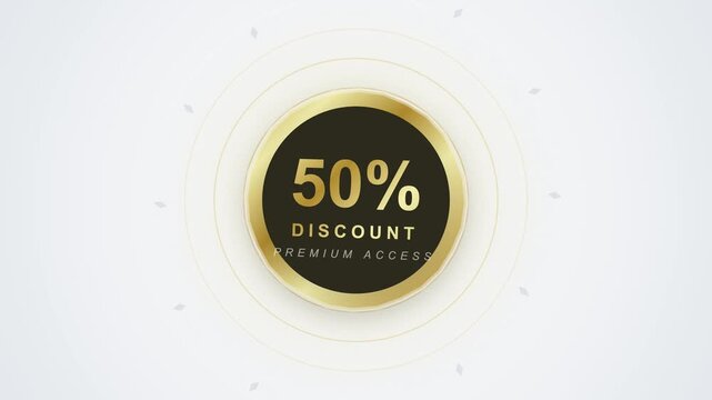 Elegant 50% discount badge for premium access featuring a black circular center with gold text and metallic gold border on a minimalist white background with concentric ring patterns.