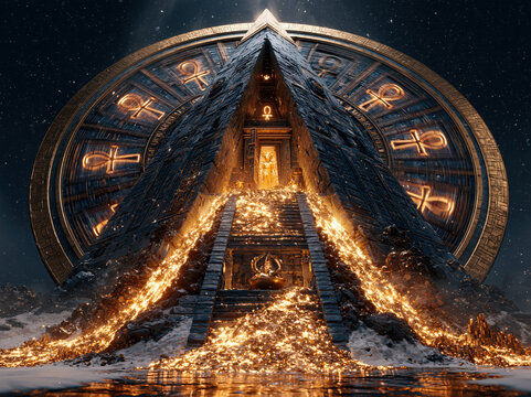 Ancient pyramid under the night sky, glowing ankh symbols, 3D carved slot reels, molten gold rivers, opening treasure vault, mystical casino scene, cinematic depth, luxury gambling fant - AI-Generated