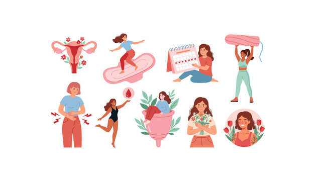Menstruation and women healthcare vector illustrations set featuring menstrual cycle calendar uterus pads tampons and cramps icons