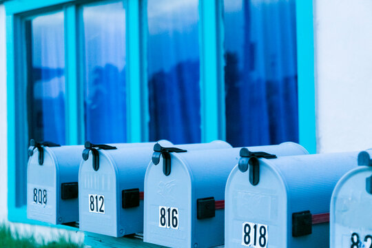 Blue Mailboxes in a Row