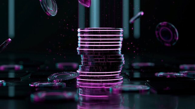 A stack of glossy neon casino chips in a futuristic, cyberpunk scene with scattered playing cards, against a dark background highlighted by purple and pink neon lights The coins exhibi - AI-Generated
