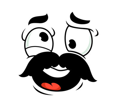 Cartoon goofy face emoji with black mustache and crossed goggle eyes. Playful comic retro male character expression conveying silly, happy and surprised emotion for fun communication and chat messages
