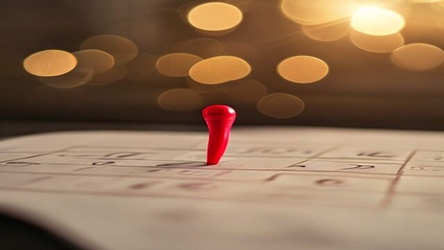 Red pushpin marking a key date on a calendar, emphasizing important plans, upcoming deadlines, or special events, with a softly blurred, illuminated background