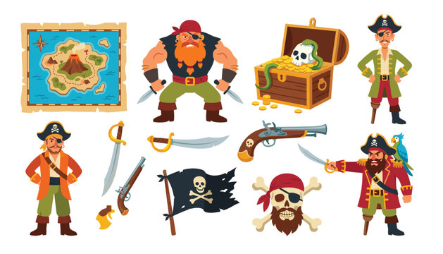 Pirate vector elements set containing captain character treasure chest map flag crossbones skull and weapons illustration