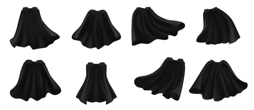 Halloween and secret hero black cape, Dracula isolated mantle cloth. Dramatic black cape flowing with elegant curves. Fabric vector folds suggest movement and power for Halloween costume design