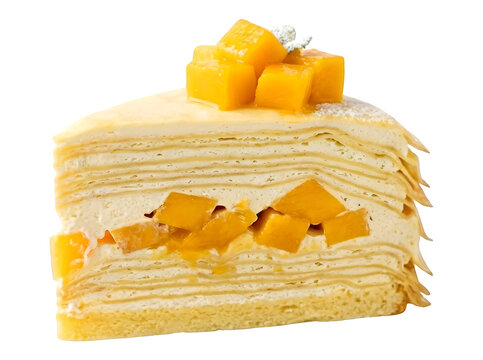 A delicious slice of mango crepe cake isolated on transparent background