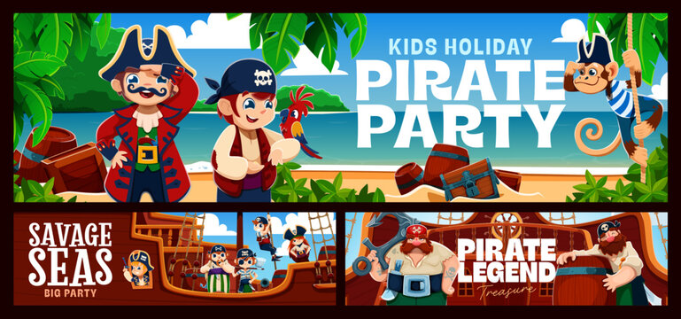 Cartoon kid, animal and corsair pirate characters party banners with cheerful adventurous children pirates, tropical island, treasure chests, parrots, ship deck for birthday holiday events invitations