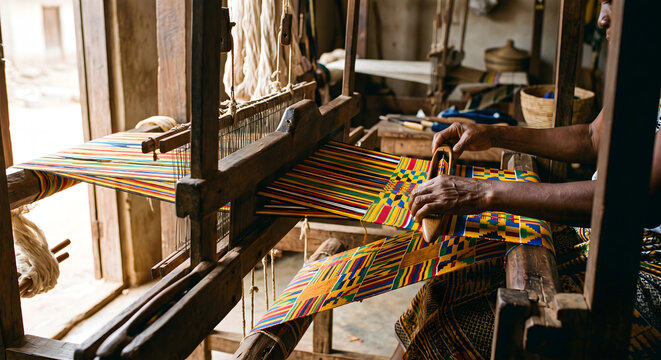Close-up of skilled artisan hands weaving colorful patterned traditional fabric on a rustic wooden loom inside an authentic workshop, ethnic cultural heritage craft and manual textile production conce