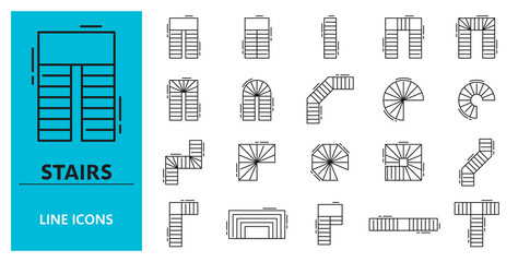Naklejka premium Top view stair icons including straight, L shaped, U shaped, spiral, curved, winding and T shaped staircase layouts. Monochrome outline floor plan staircase icons for architectural software