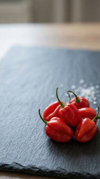 Fresh red habanero peppers on a black slate board