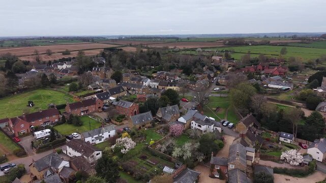 Aerial Drone View of Scaldwell Village Allotments and Farmland in Rural Northamptonshire England