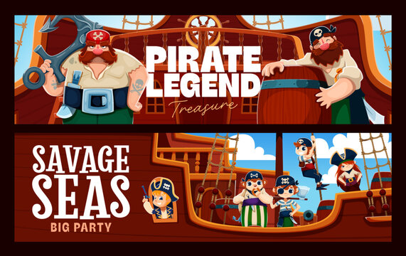 Cartoon pirate characters on wooden ship deck, captain and cute kids Caribbean corsairs. Pirate characters on sailboat, funny happy sailors and sea thief with sword, man buccaneer and corsairs robbers