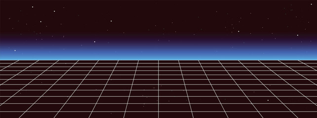 Futuristic retro synthwave landscape with white perspective grid with stars sky and gradient. Abstract wireframe digital horizon background in cyber punk style © Nastya