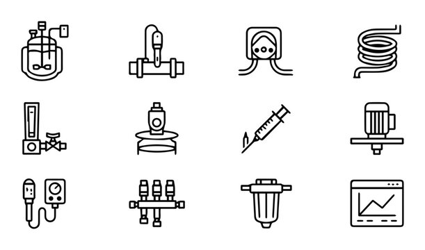 Industrial equipment silhouette icons set, scientific laboratory tools, manufacturing technology