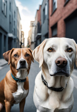Two dogs looking quizzically in an urban street