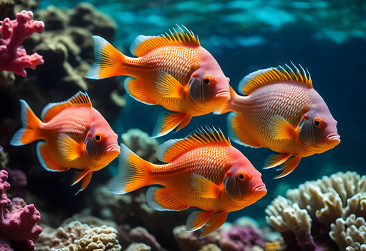 Four rip tide fish swimming near coral reef