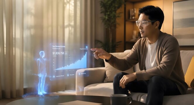 Man interacting with virtual display technology.