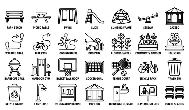 Minimal outdoor park and community leisure vector icon set with playground equipment public spaces and recreation facilities isolated on white background