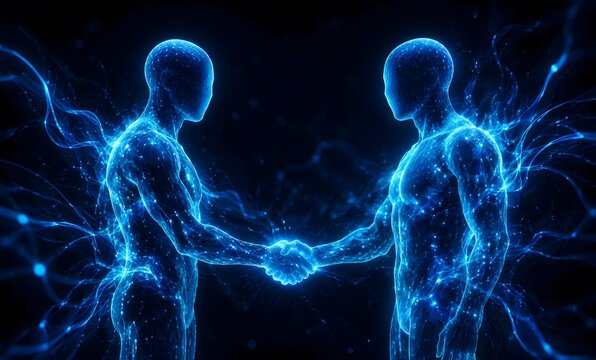 Two human figures shaking hands with glowing blue connections.