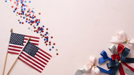 Obraz premium Labor day celebration american flags ribbons and stars on pastel pink background
