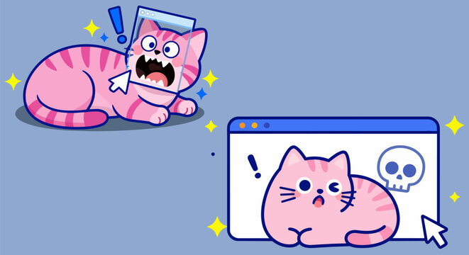 funny pink cat, cartoon error, computer crash, humorous illustration, vector icons