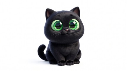 Fototapeta premium Cute Black Kitten with Big Green Eyes Sitting on White Background