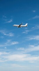 Obraz premium Commercial airplane flying in blue sky with clouds